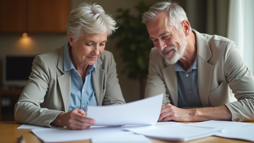 Älteres Paar plant ihre Altersvorsorge mit Dokumenten und Kaffee am Tisch