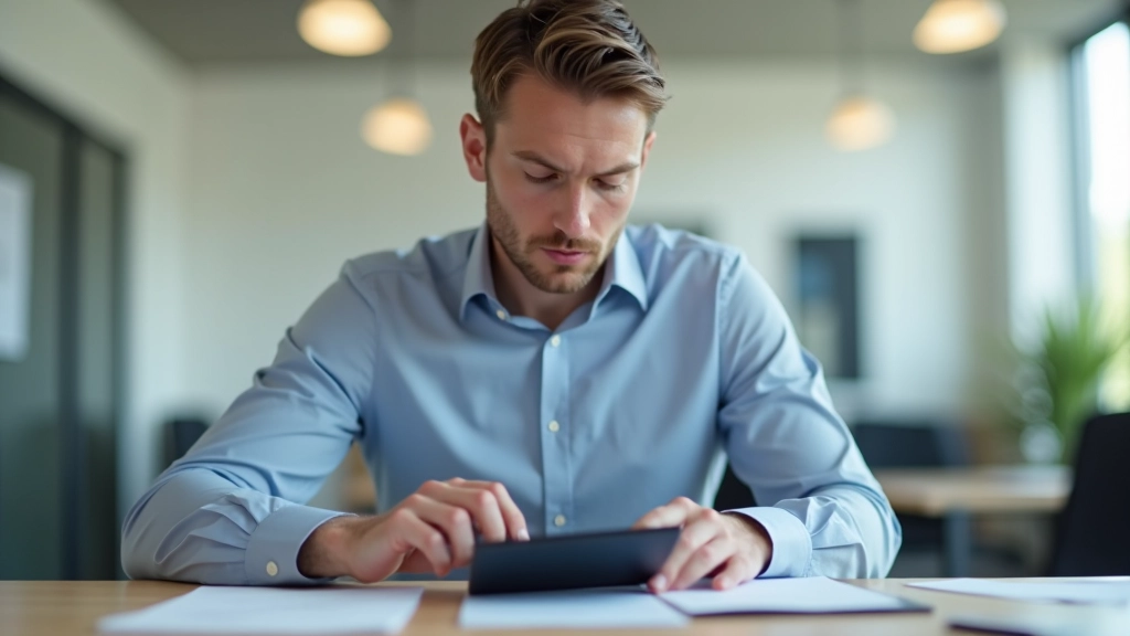 Mann mit Brille schaut konzentriert auf einen Taschenrechner neben Finanzunterlagen