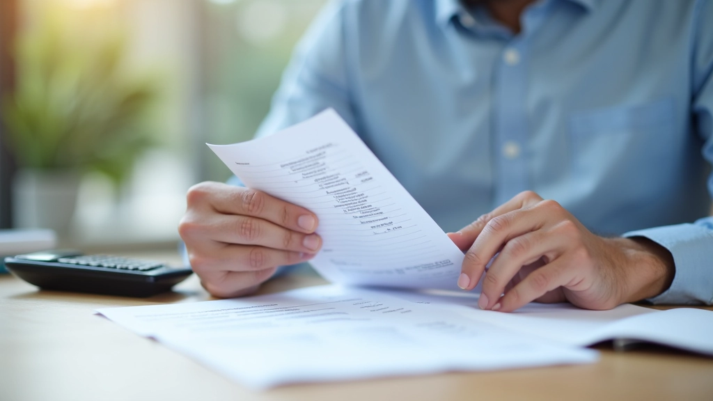 Person überprüft ihre Lohnabrechnung mit Taschenrechner und Notizen auf dem Schreibtisch