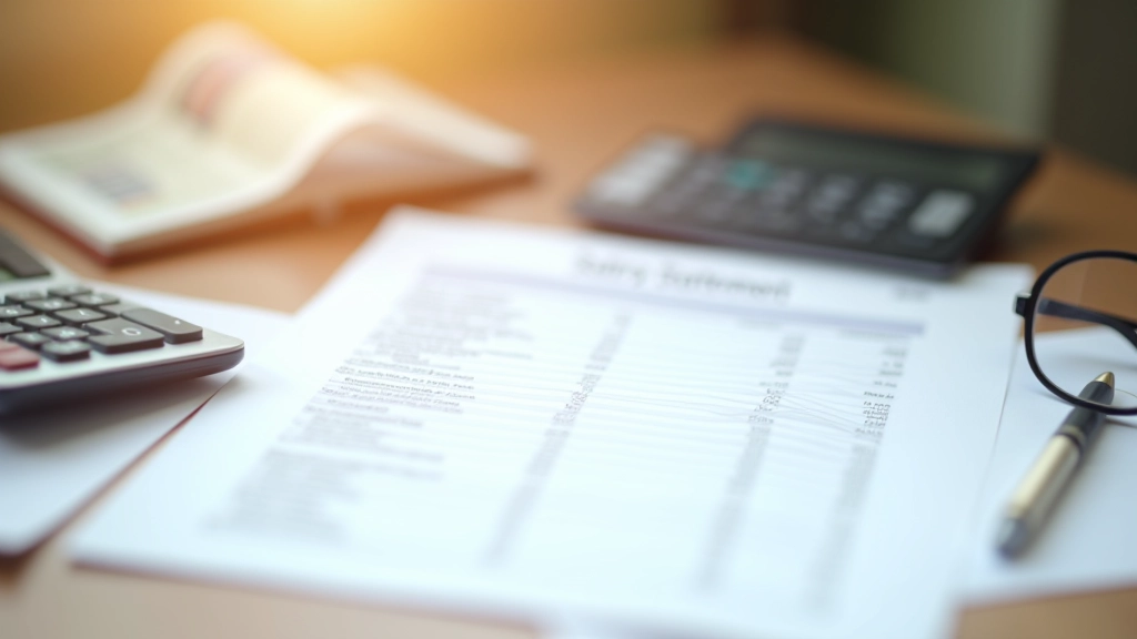 Lohnabrechnung auf einem Schreibtisch mit Taschenrechner und Stift